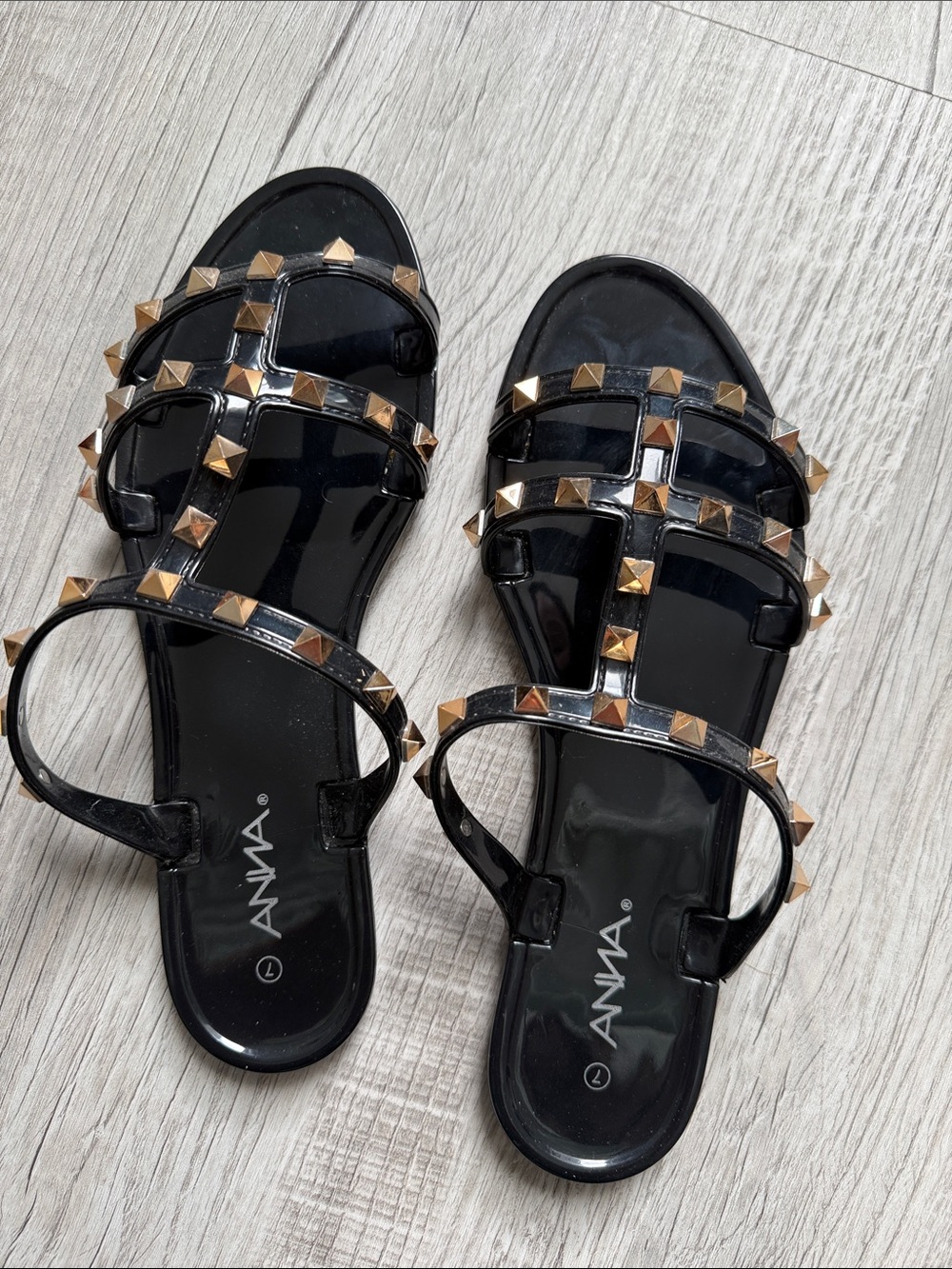 Anna Black Jelly Sandals with Gold Pyramid Studs
